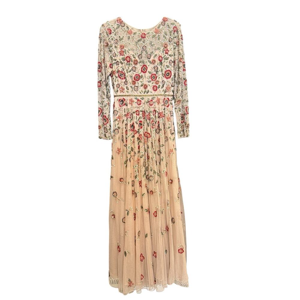 MAC DUGGAL Beige Embellished High Neck Long Sleeve A Line Gown Size 8 - Picture 2 of 6